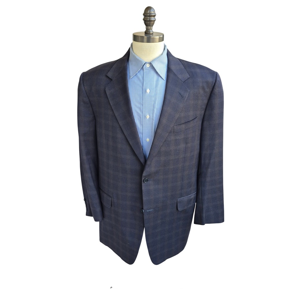 Canali Mens Gray Brown Windowpane Plaid 100% Wool Blazer Sport Coat Sz 48 L